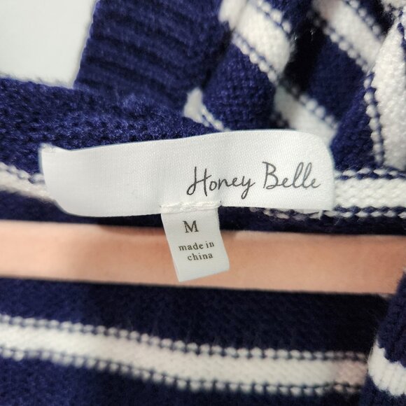 Honey Belle Women's Navy Blue/White Ribbed Hooded Long Knit Cardigan-Medium - Picture 2 of 3